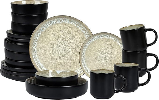 HomeVss 20-Piece Dinnerware Set - Serves 4, Reactive Glaze Bubble Beige Plates & Bowls Set | Microwave & Dishwasher Safe Dishes Set