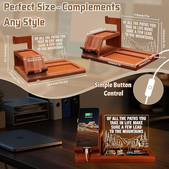 Attivolife LED Phone Dock Gift for Men with Night Light - Desk Organizer & Charging Station for Phone, Keys, Wallet, Watch - Best Father's Day Birthday Anniversary for Him, Husband, Boyfriend