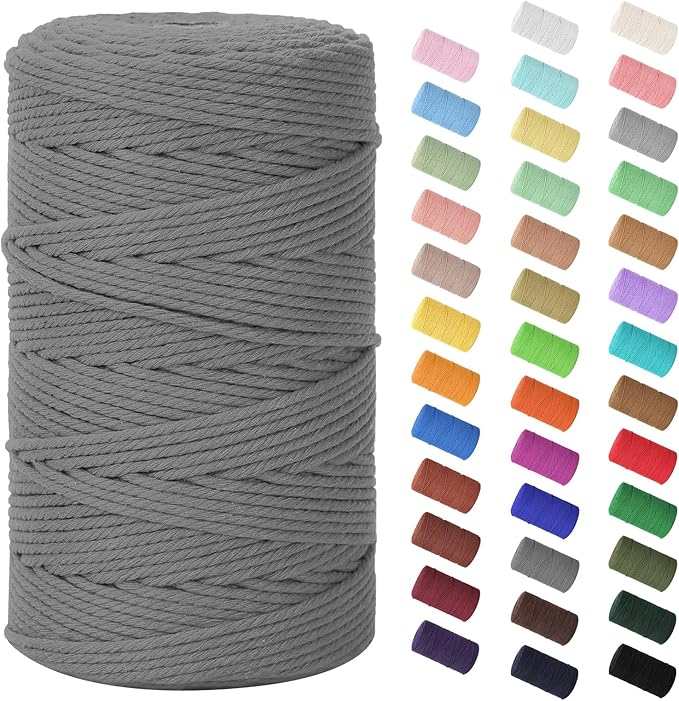 Macrame Cord 3mm x 220Yards (656Feet), Natural Cotton Macrame Rope - 4 Strands Twisted Macrame Cotton Cord for Wall Hanging, Plant Hangers, Crafts, Gift Wrapping and Wedding Decorations, Dark Gray