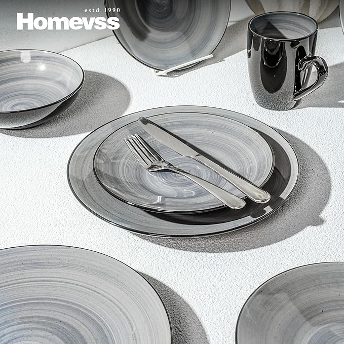 Sonoma Stoneware Dinnerware Set, Outside Black + Inside Hand Painting Color (16pc Set, Grey)