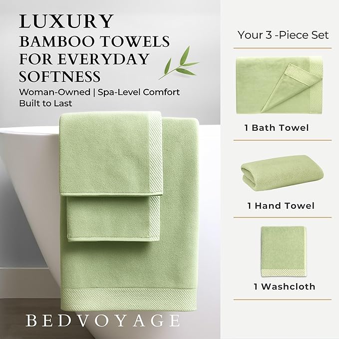 BedVoyage Luxury Bath Towels Set of 3 - Ultra Soft Plush Bathroom Towel Set - Highly Absorbent Viscose from Bamboo Bath Towels Ultra Soft - 3pc Spa Towel for Body - Sage