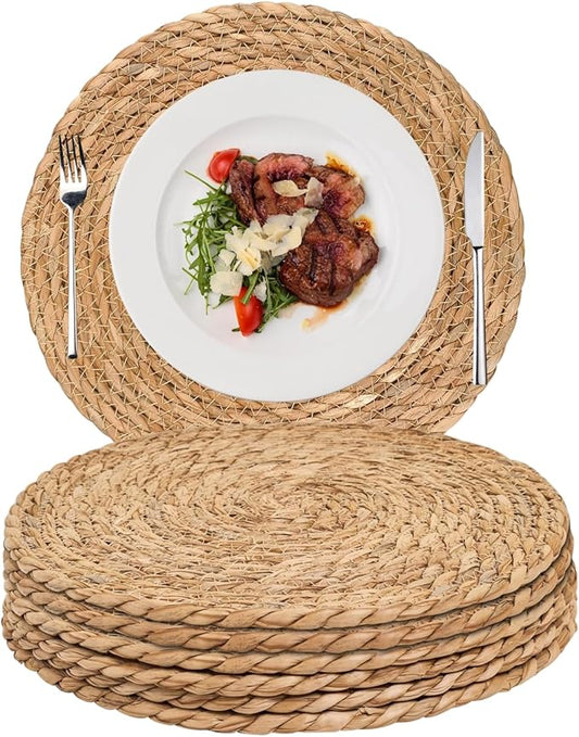 Woven Placemats Set of 6, 13.5" Round Rattan Placemats, Natural Water Hyacinth Place mats, Farmhouse Weave Place Mats, Rustic Braided Wicker Table Mats for Dining Table, Home, Outdoor