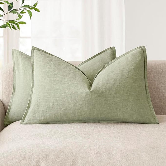 Foindtower Pack of 2, Decorative Linen Solid Throw Pillow Covers Accent Lumbar Cushion Case Boho Farmhouse Pillowcase for Chair Couch Sofa Bedroom Living Room Home Decor 12x20 Inch Light Sage Green