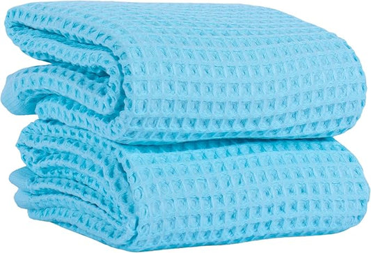 PÜSKÜL Premium Waffle Bath Towels Set of 2 - Organic 100% Turkish Cotton Bath Towel - Quick Dry, Absorbent, Light, Thin, 32x63 Large Waffle Towels (Aqua Turquoise Bath Towels - Pack of 2)