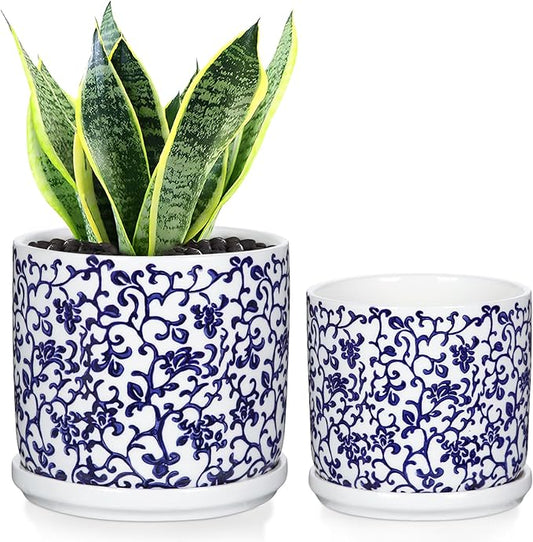 Set of 2 Blue and White Ceramic Plant Pots with Drainage Hole and Saucers, Retro Blue Porcelain Vase Round Planters for Succulent Cactus Indoor Outdoor Garden Home Desktop Decor, 4.5+5.5 Inch