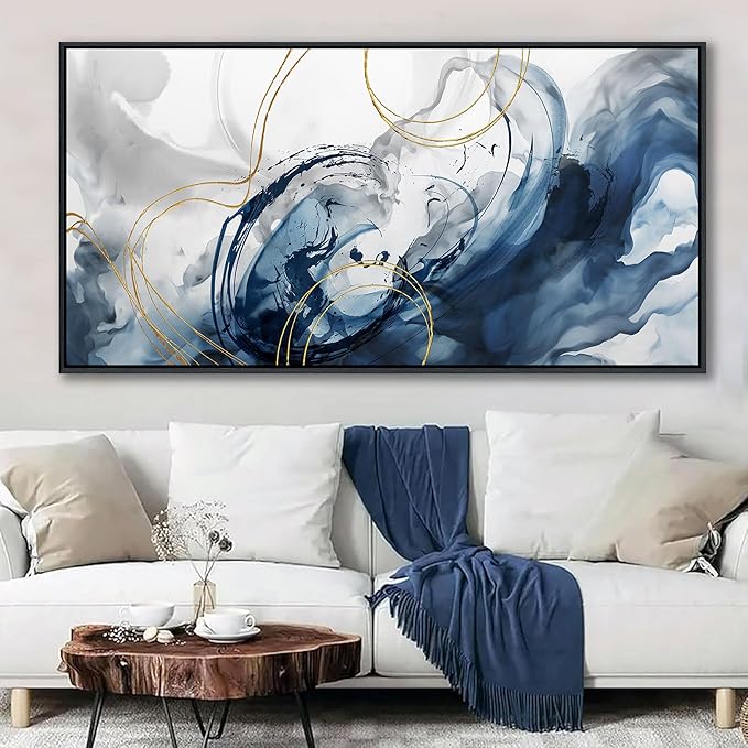 Mofutinpo Large Framed Canvas Art Wall Art Blue Abstract Wall Decor Modern Home Decor Office Wall Decor Home Decorations for Living Room Minimalist Bedroom Artwork 29×58in