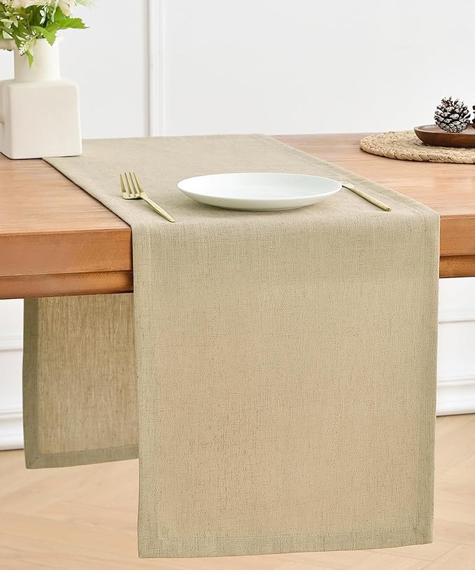 Wracra Linen Style Table Runner, Rustic Farmhouse Vintage Natural Table Runners 108 Inches Long, Handcrafted Table Runner for Fall, Winter - Everyday Use and Machine Washable