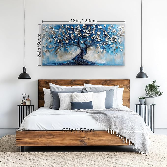 crmotu Tree of Life Large Wall Art for Living Room, Blue Tree Canvas Decor Paintings Abstract Art Prints, Neutral Navy Blue Pictures Wall Decor for Bedroom Bathroom Office Modern Home Decor 24"X48"