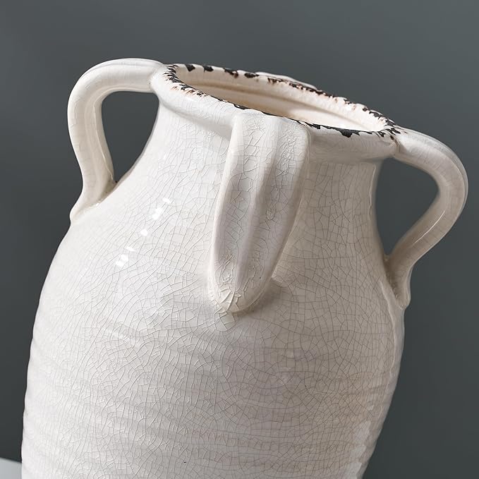 White Ceramic Vase with 4 Handles, 10.16" Tall Retro Ice Cracked Flower Vase, Antique Vases for Modern Farmhouse Home Decor, Wedding, Living Room, Table, Shelf Decor, Cracked White