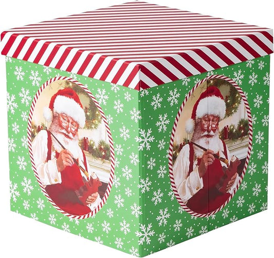 RUSPEPA Christmas Gift Box with Lid, Vintage Classic Santa Claus Painting Design, Medium Collapsible Holiday Present Box with Ribbon, Tissue Paper for Gift Wrap, Candy Storage, 9x9x9 Inches, 1 Pcs