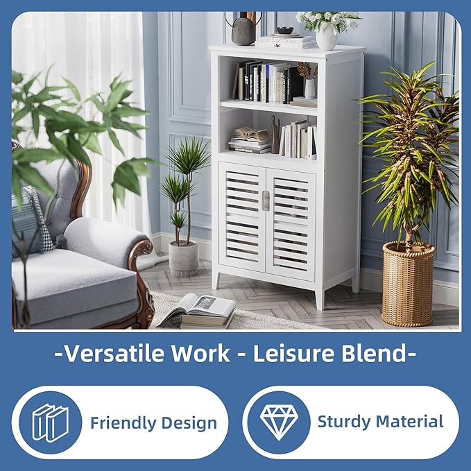 HITNET White Bathroom Cabinet, Bamboo Storage Cabinet Freestanding, Side Tall Storage Organizer for Kitchen Living Room Entryway