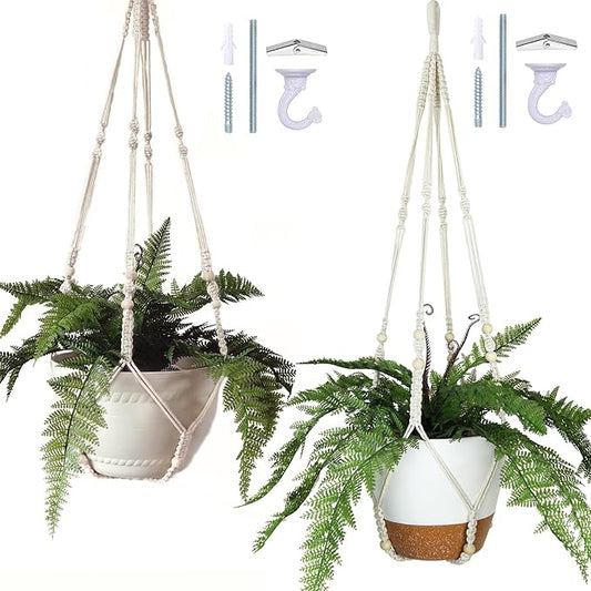 43 Inches Macrame Plant Hangers Large for up to 12 inch Pot Extra Long with Heavy Duty Swag Hooks No Tassel Cotton Rope Hanging Plant Holders (Beige, 2 Pack)