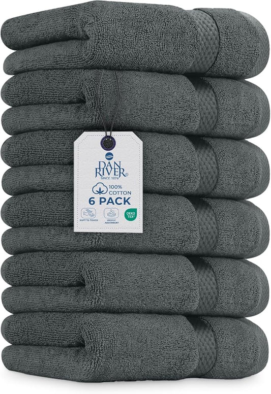 DAN RIVER 6-Pack Premium Hand Towels (16x28 Inches) - 100% Cotton, Ultra Soft, Lightweight, Highly Absorbent Towels for Bathroom, Spa, Gym, Salon, Hotel, and Travel - 550 GSM – Gray