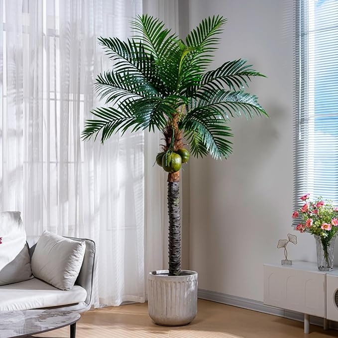 7.2FT Artificial Phoenix Palm Tree with Coconut Fruit Outdoor Indoor Decor Large Faux Coconut Silk Palm Tree Tropical Fake Tree Large Faux Sago Palm Plant for Home Yard Outside Patio Poolside