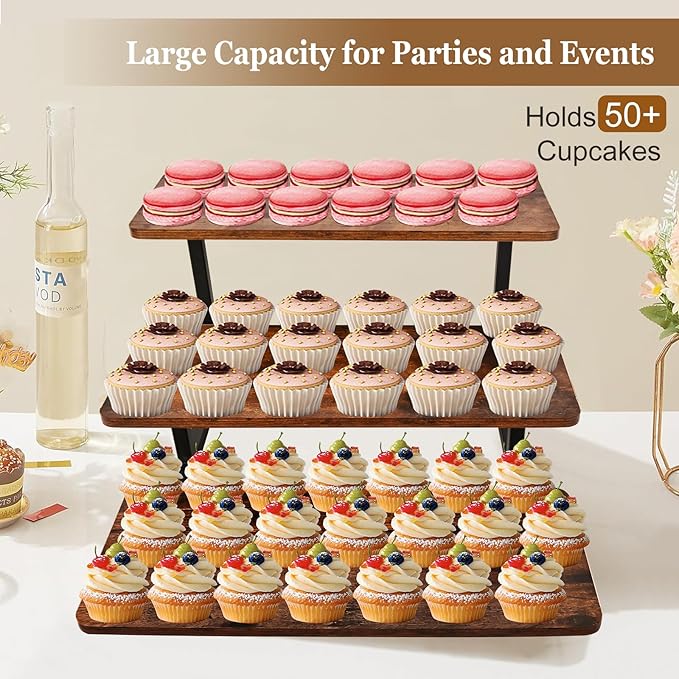 3 Tier Cupcake Stand for 50 Cupcakes,Wood Metal Riser Dessert Table Display Stand,Rustic Stepped Cupcake Ladder Tiered Tray Stand for Party Farmhouse Wedding Birthday Graduation
