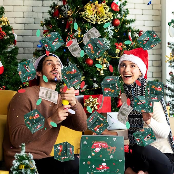 BABORUI Christmas Surprise Gift Box Explosion for Money, Christmas Explosion Gift Box with Confetti, Surprise Pop Up Money Box for Merry (Green)