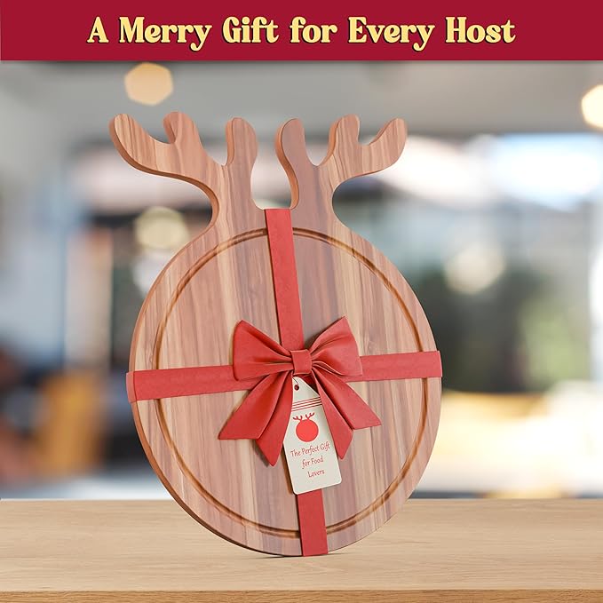 New – Reindeer Charcuterie Board – Acacia Wood Christmas Cutting Board (17x13in) Holiday Serving Tray, Winter Cheese Board, Wooden Christmas Platter & Kitchen Decor Gift for Festive Entertaining