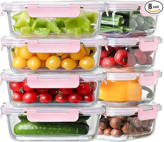 8 Pack 36oz Large Glass Meal Prep Containers with lids, Glass Food Storage Containers with Leak Proof Snap Lock Lids , Airtight Bento lunch Boxes, Kitchen Storage, Oven and Dishwasher Safe-Pink