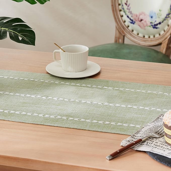 Braided Farmhouse Table Runner,Braided Sage Green 13x90 Inch, Cotton Linen Table Runners 90 Inches Long, Embroidered Striped Sage Green Boho Table Runner Rustic Home Decor