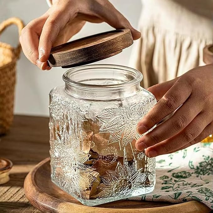 Snminetal Vintage Glass Airtight Storage Jar, With Airtight Wood Lid, Kitchen Food Storage Containers,for Kitchen Counter, Pantry, Tea, Sugar, Coffee Tea Beans,Flour,Food Storage Jar (Sunflower*2)