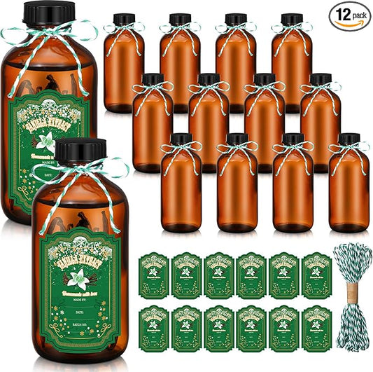 Uiifan 12 Pack Amber Glass Bottles Boston Round Sample Bottles Glass jars with Lids Dark Vanilla Extract and 12 Pcs Christmas Green Snowflakes Stickers for Gift Beans(2 oz)