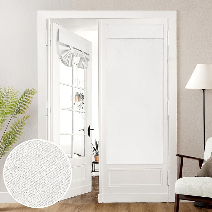 HOMEIDEAS 100% Linen Blackout French Door Curtains, Privacy Door Window Curtains, 26 X 68 Inch Room Darkening Blinds, Thermal Insulated Shades for Bedroom, 1 Panel, White