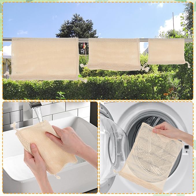 6 Packs Reusable Produce Bags, Cotton Mesh Produce Bags With Drawstring Mesh Storage Bag for Farmers Market Kitchen Vegetables Fruits Produces Storage Shopping