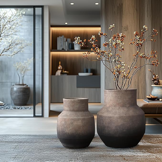 LuxenHome Round Ceramic Flower Vase, 13 Inch Brown Terracotta Vases, Vintage Large Pottery for Living Room Decor Entry Way Table Home Decor, Rustic Pottery