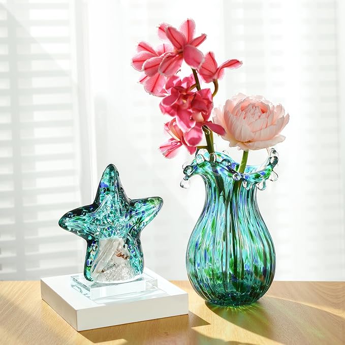 Green Glass Bubble Vase for Flowers, 8.5" Blown Glass Vase for Home Decor, Modern Art Flower Vases Decorative | Table Centerpiece, Olive Plant, Wedding, Living Room, Bookshelf, Office, Entryway