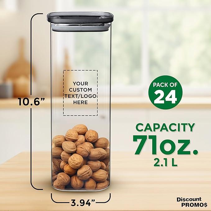 DISCOUNT PROMOS Custom Meridian 71 oz. Glass Storage Jars Set of 24, Personalized Bulk Pack - Durable Kitchen Organization, Home Decor Essentials, Food Storage Solutions - Clear