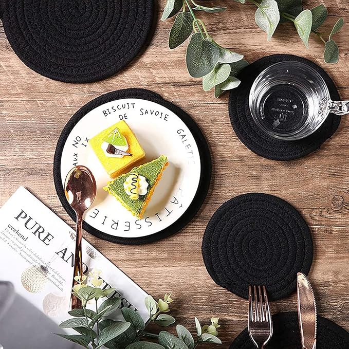 Set of 6 Round Woven Placemats,13.8 inch Cotton Plate Chargers Black Thick Tablemats Braided Tablemats for Dining Rattan Mats Weave Placemats for Table Decoration