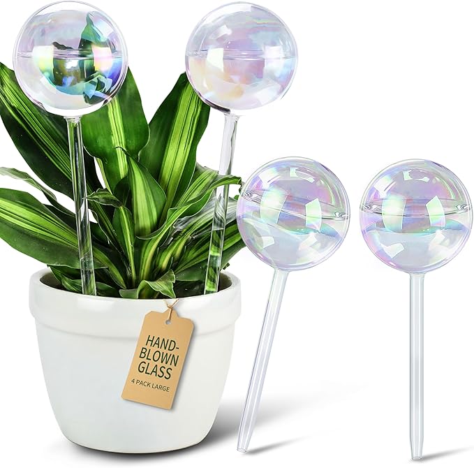 Large Extra-Thick Clear Glass Plant Watering Globes, Rainbow Gradient Self Watering Devices for Indoor & Outdoor Plants, Automatic Waterer Spikes, Perfect for Daily or Vacation Use, 4-Pack