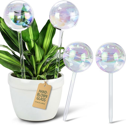 Large Extra-Thick Clear Glass Plant Watering Globes, Rainbow Gradient Self Watering Devices for Indoor & Outdoor Plants, Automatic Waterer Spikes, Perfect for Daily or Vacation Use, 4-Pack