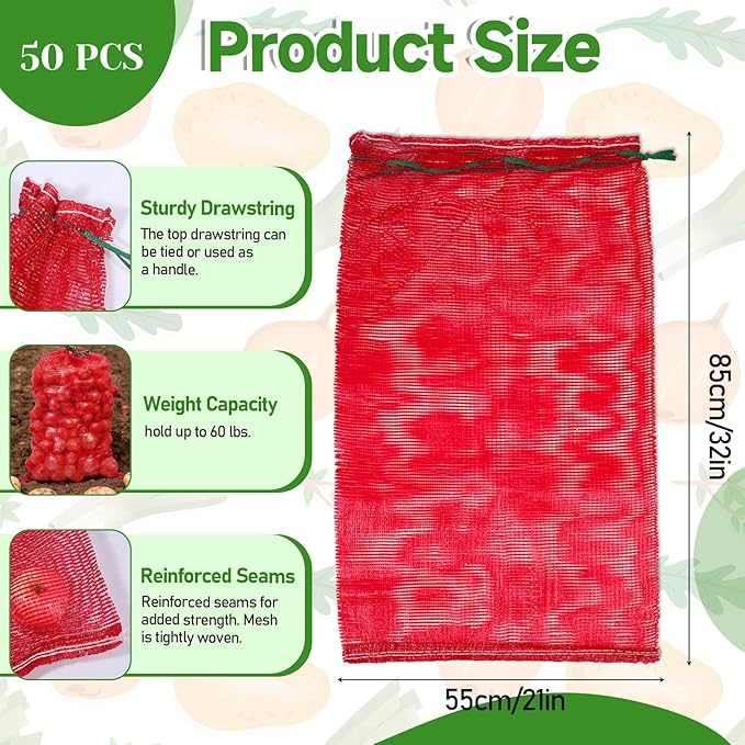 SHENLIU 50Pcs Extra Large Mesh Produce Bags, 21” x 32” Mesh Onion Bags 60lbs Reusable Drawstring Fresh Produce Storage Bag Washable Net Bag for Onions, Vegetables, Potatoes, Citrus, Crawfish, Firewood