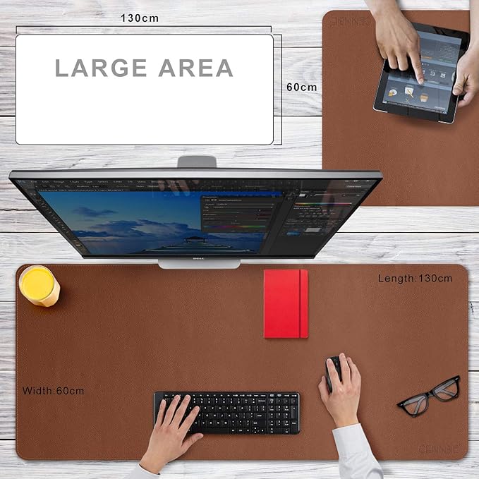 CENBBIE Leather Desk Mat Protector Super Large 51.18"x23.62" Desk Blotter Pad - Waterproof Writing Desk Accessories - Extended Non-Slip Rectangular, Laptop Keyboard Mouse Pad(Brown)