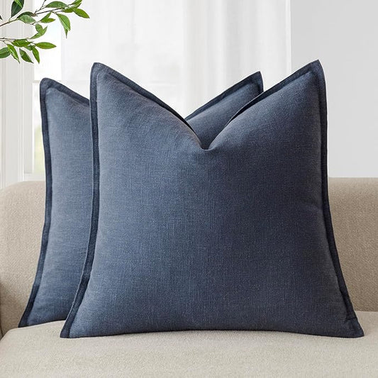 Foindtower Pack of 2, Decorative Linen Soild Throw Pillow Covers Soft Accent Square Cushion Case Boho Farmhouse Pillowcase for Chair Couch Sofa Bedroom Living Room Home Decor 18 x 18 Inch Navy Blue