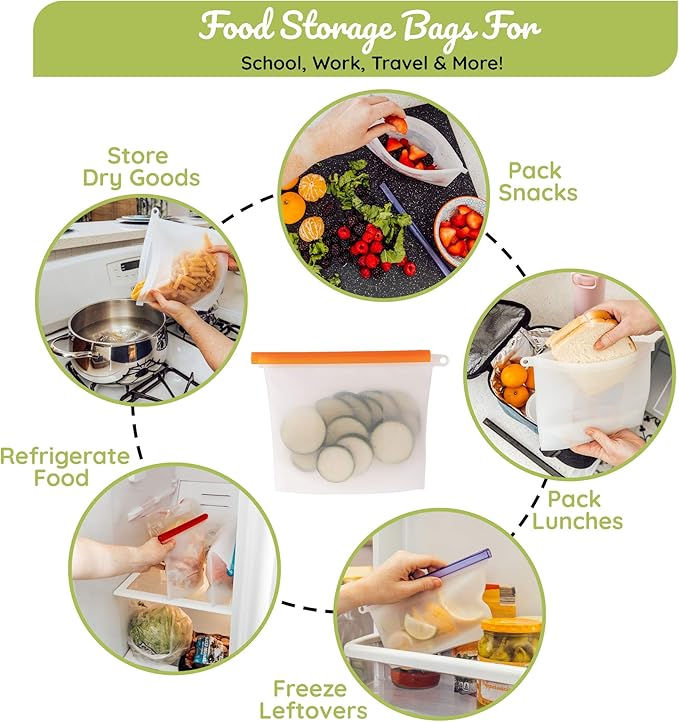 WeeSprout 100% Silicone Reusable Food Storage Bags | Set of 7 Leakproof & Airtight Pouches (Four 4 Cup Bags and Three 6 Cup) | Freezer & Microwave Safe | Dishwasher Safe | for Lunches and Snacks