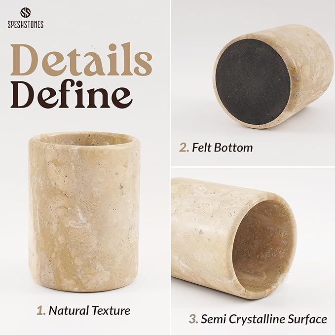 Marble Utensil Holder 6.5 Inch Wooden Cooking Utensils Set & Spatula Organizer for Kitchen Counter Decor - Travertine Utensil Crock & Stone Caddy for Spoon Holder & Modern Farmhouse Decor