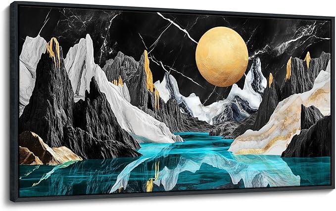 JEAWA Framed Canvas Wall Art - Large Abstract Painting Decor, Black White Textured Mountain Moon River Pictures, Modern Art Prints for Bedroom Living Room Bathroom Home Decoration, 29x58 IN