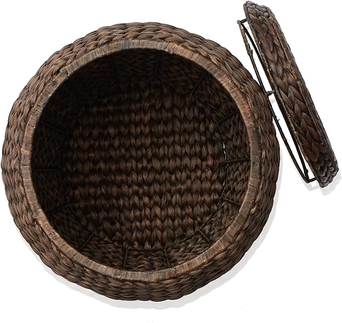 Casafield Round Storage Basket with Lid - Espresso, Handwoven Water Hyacinth Organizer for Laundry, Blankets, Plants, Bedroom, Living Room, Home Office