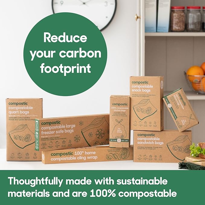 Compostic Home Compostable Resealable Snack Bags (6"x 3.5"), Microwave & Freezer Safe, Organic Food Storage Container, 100 Count