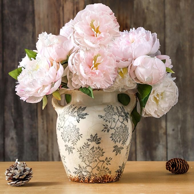 Enra Vintage vase with Handle,Blue and White Ceramic Decorative Flower vase, Chinoiserie Floral Vase,Large Rustic Vases for Home Decors, Living Room, Bookshelf, Office,7.8 in