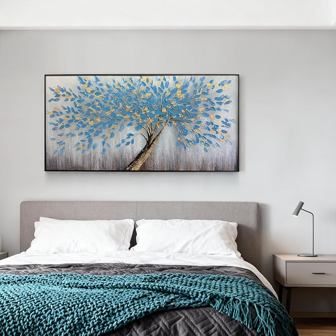 Blue Tree of Life Canvas Wall Art, Modern Abstract Textured Painting, Large Wall Art Framed Panoramic Landscape Artwork for Living Room, Bedroom, Office, Home Decor 40"x20"
