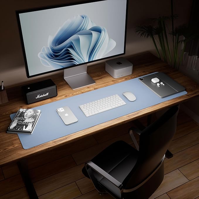 Aothia Leather Desk Pad Protector - Large Mouse Pad, Office Mat, Non-Slip PU Leather Blotter, Laptop Desk Pad, Waterproof Writing Pad for Office and Home (Denim Blue, 38" x 13.7")