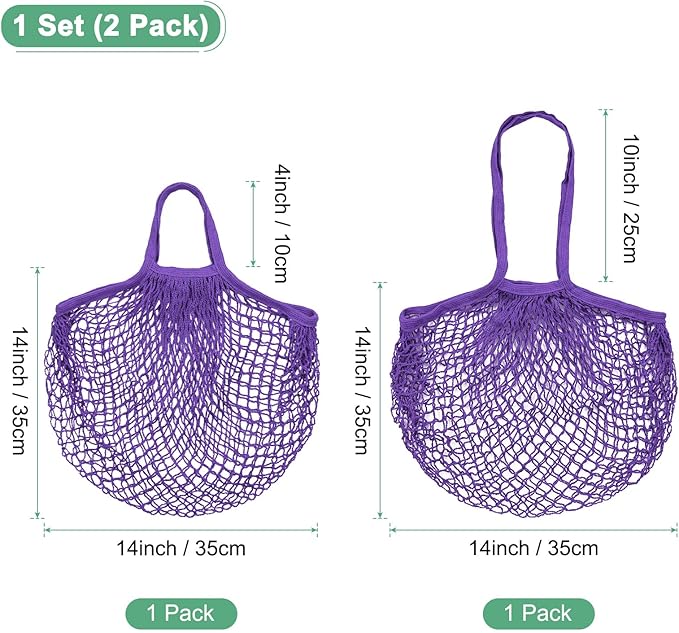 2-Pack Cotton Mesh Bag, Reusable Washable Mesh Net String Grocery Bags, Reusable Produce Bags with Handle, Net Tote Bag for Fruits/Vegetables Shopping [Purple, Long&Short Handle]