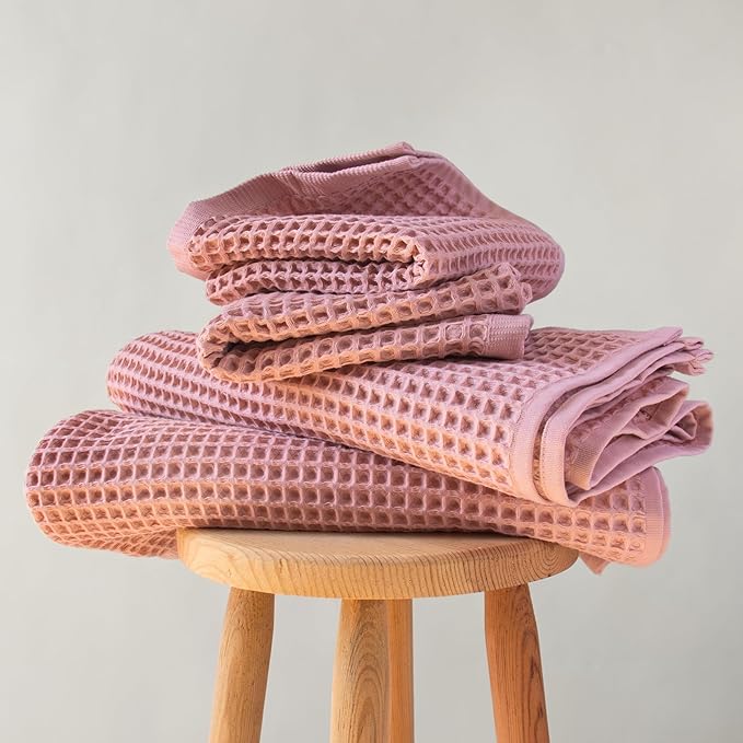 PÜSKÜL - Premium Waffle Towel Set 4 Pieces Pink - Organic 100% Turkish Cotton Quick-Dry Towels for Bathroom Made in Turkiye (Pink Powder, Towel Set - 2 Hand & 2 Bath Towels)