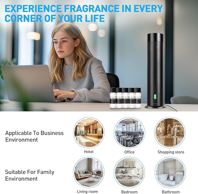 Waterless Scent Diffuser Starter Kit - 1000 Sq Ft Coverage, Hotel Scent Diffuser, Essential Oil Diffuser Large Room, Included 5 Scent Oils, Remote Control, Black, 11.30In