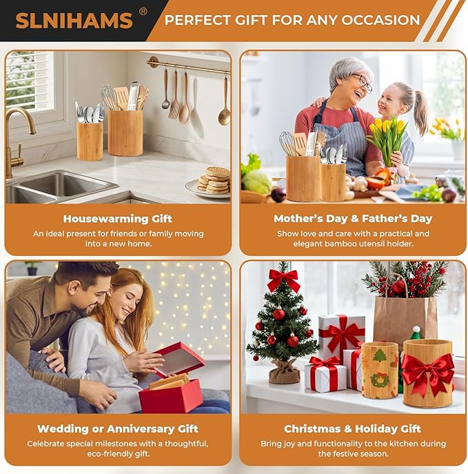 Bamboo Utensil Holder, 7.3"+5.4" Set of 2 Utensil Holders for Kitchen Counter, Bamboo Spoon and Chopstick Organizer, Flatware, Spatula & Silverware Storage Containers, for Countertop & Pantry