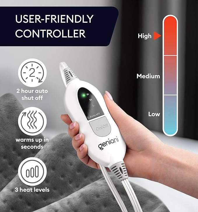 GENIANI Electric Throw - XL Electric Heating Pad for Back Pain & Cramps Relief, Birthday for Women Men Auto Shut Off, Machine Washable, Heat Pad for Neck & Shoulder, 12×24", Tabby Gray