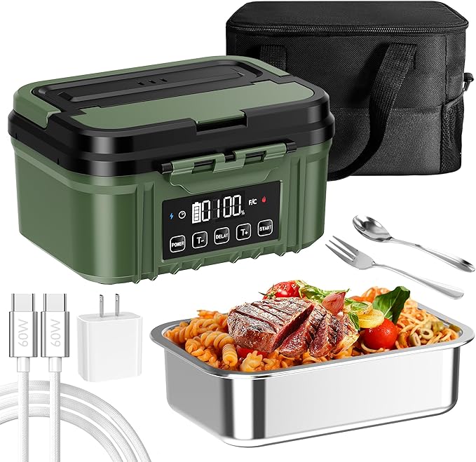 Cordless Electric Lunch Box for Adults – Battery-Powered Heated Lunch Box with 1.2L Stainless Steel Container, Timer Function, and Leak-Proof Food Warmer for Work, Travel & Office